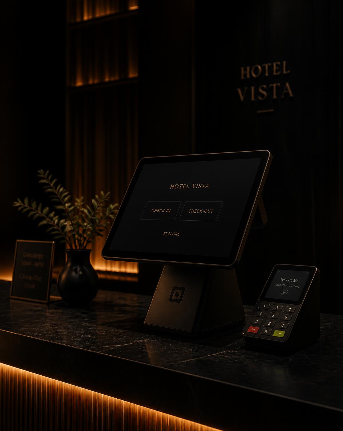 A hotel reception desk running a personalized POS terminal